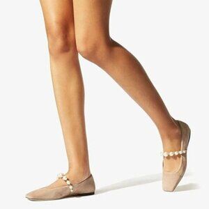FOWT Nude Women Square Toe Slip on Flats Pearl Studded Strap Elegant Pumps